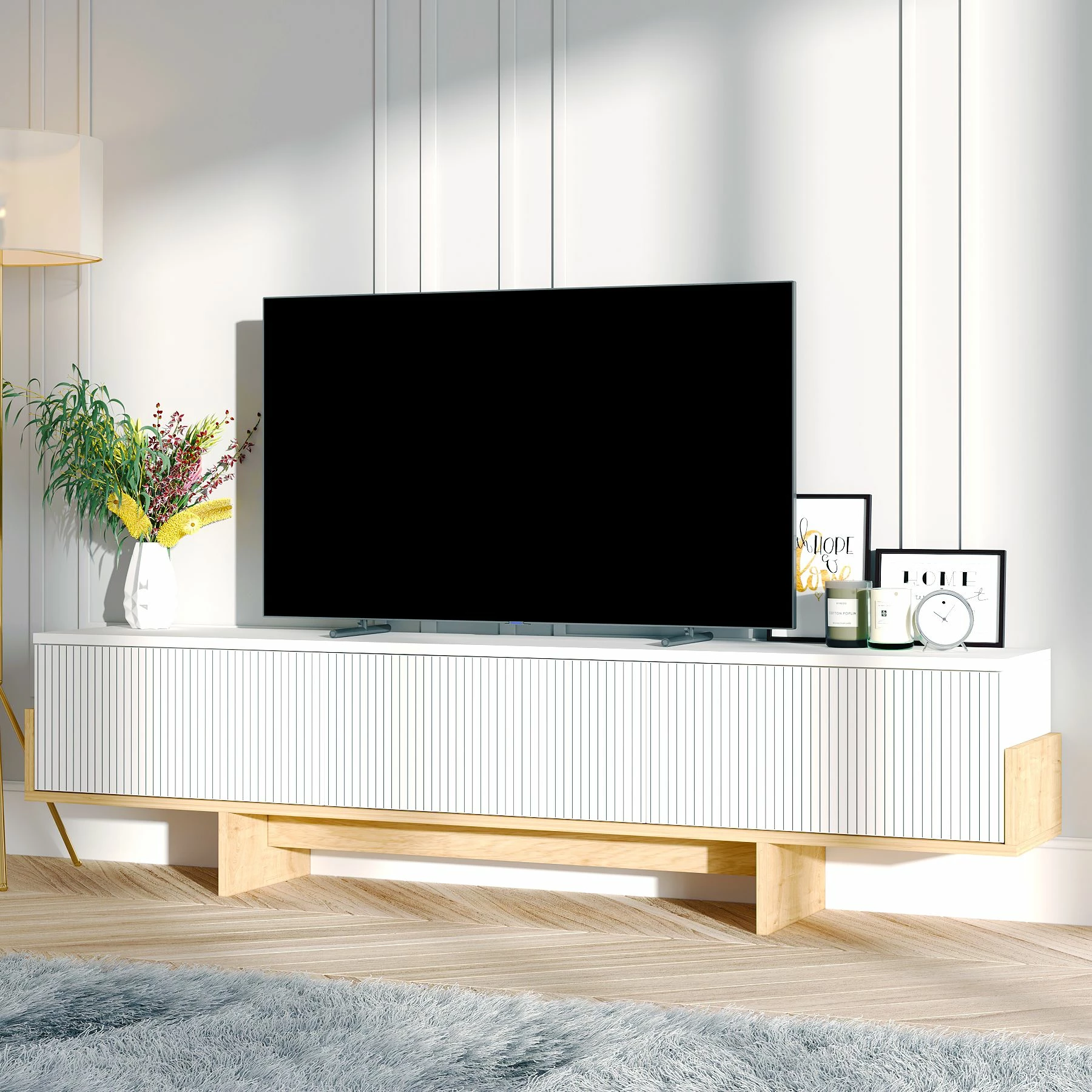 Komodë TV Skye Decor, e bardhë, lisi Sapphire
