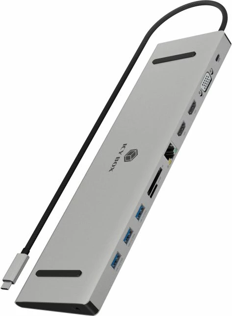 Stacion dokimi USB-C ICYBOX IB-DK2106A-CPD, Power Delivery 100W, 2x HDMI 4K@60Hz + VGA, 3x USB-A 3.0, SD/microSD, LAN Gigabit, audio, antracit/zi, paketë me manual