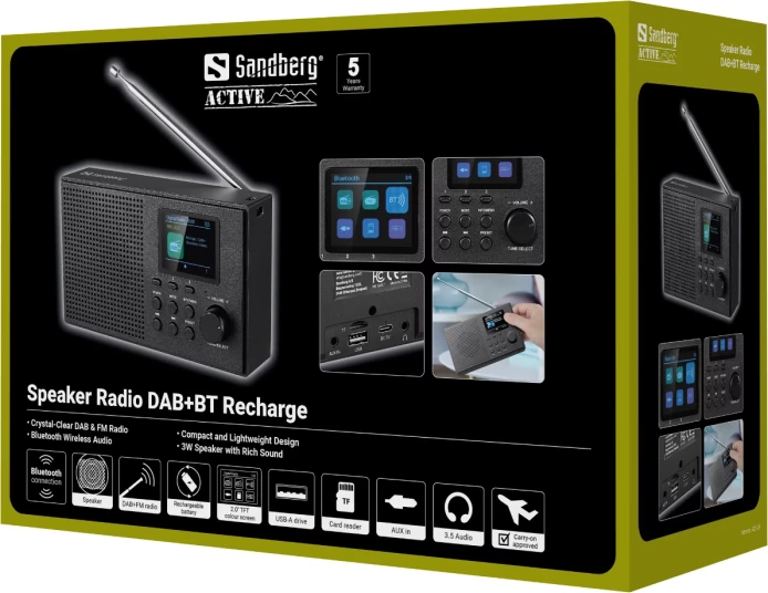 Radio me altoparlant SANDBERG Speaker Radio DAB+BT Recharge 421-39, bateri 2000 mAh, ekran TFT 2.0", Bluetooth 5.3, e zezë