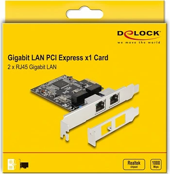 Kartelë rrjeti PCIe DeLOCK RTL8111, 2x RJ45 Gigabit LAN, PCI Express x1, argjendtë