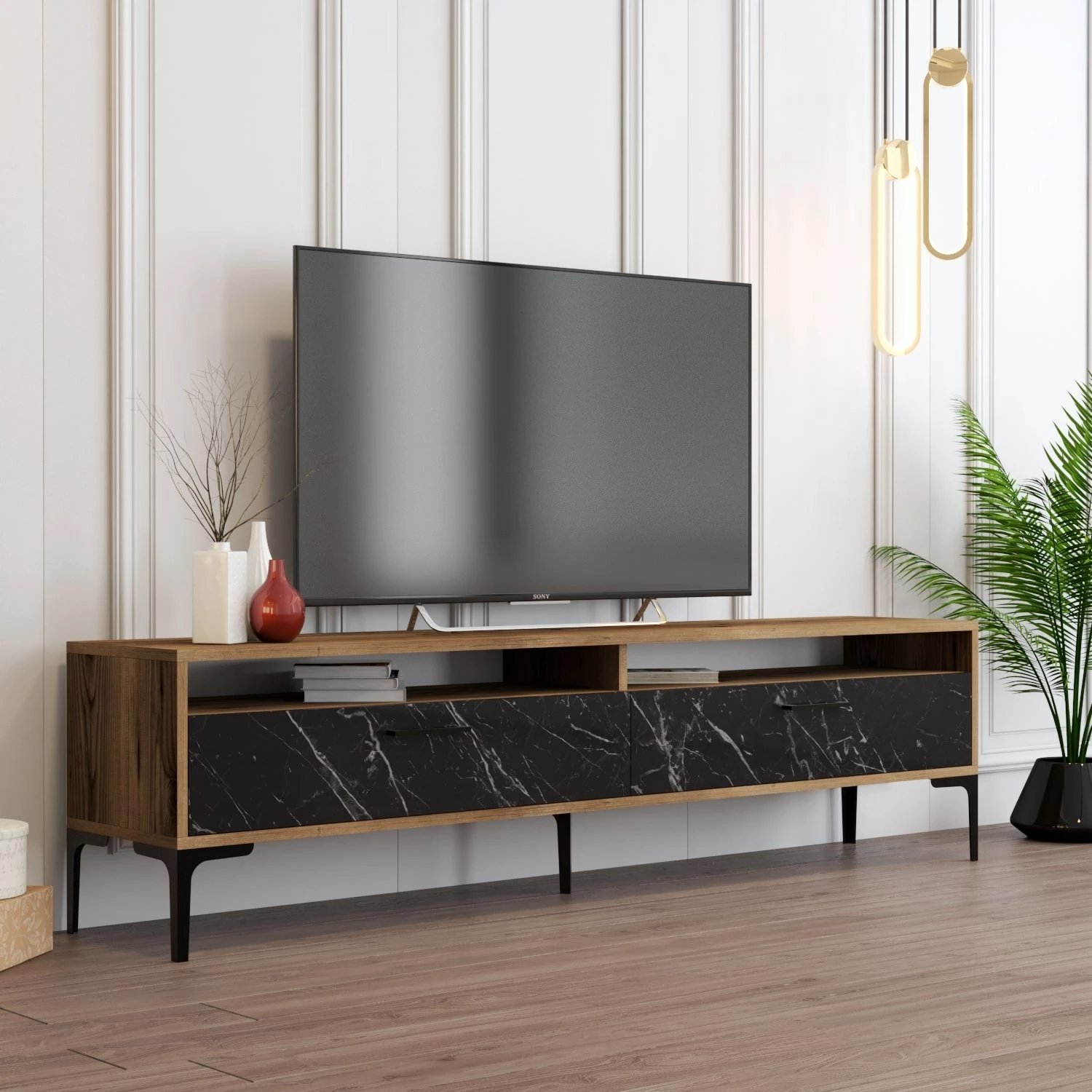Komodë TV Hanah Home, Istanbul 2, ngjyrë arre dhe mermer i zi