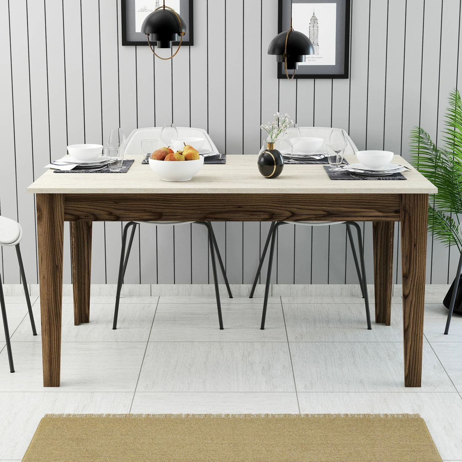 Tavolinë ngrënieje Skye Decor Milan 898, ngjyrë arre dhe travertin
