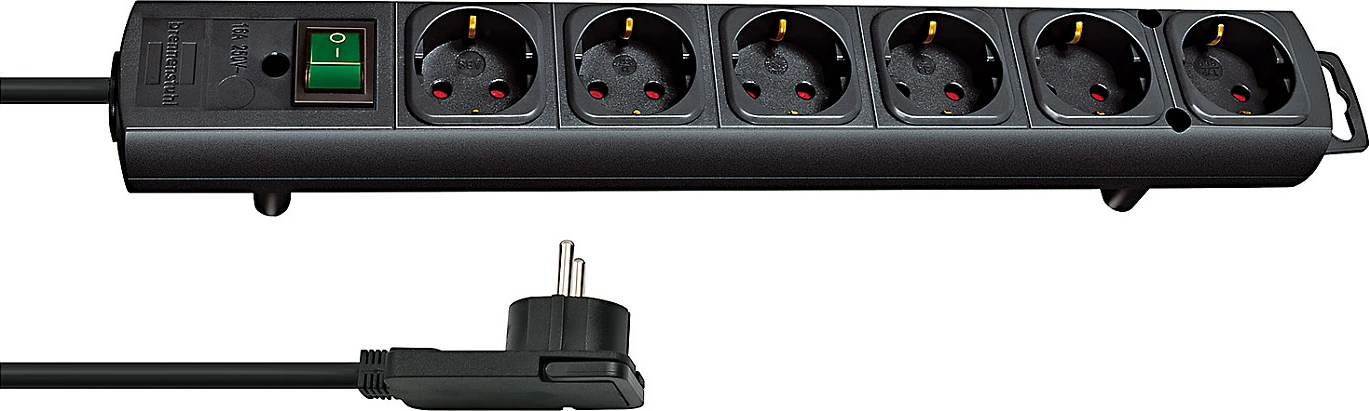 Zgjatues rryme Brennenstuhl Comfort-Line, 6 priza, 2 m, me switch, prizë e sheshtë, i zi