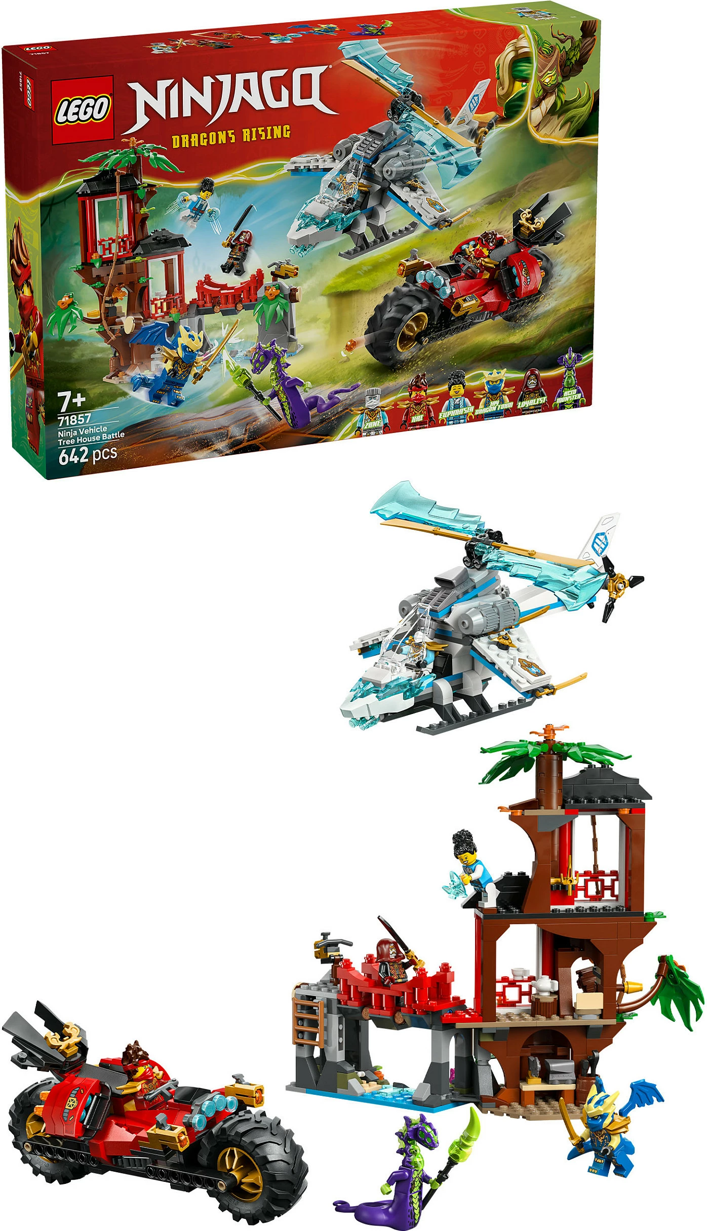 Set ndërtimi LEGO NINJAGO 71857 Ninja Vehicle Tree House Battle, 642 pjesë, 6 minifigura, multikolor