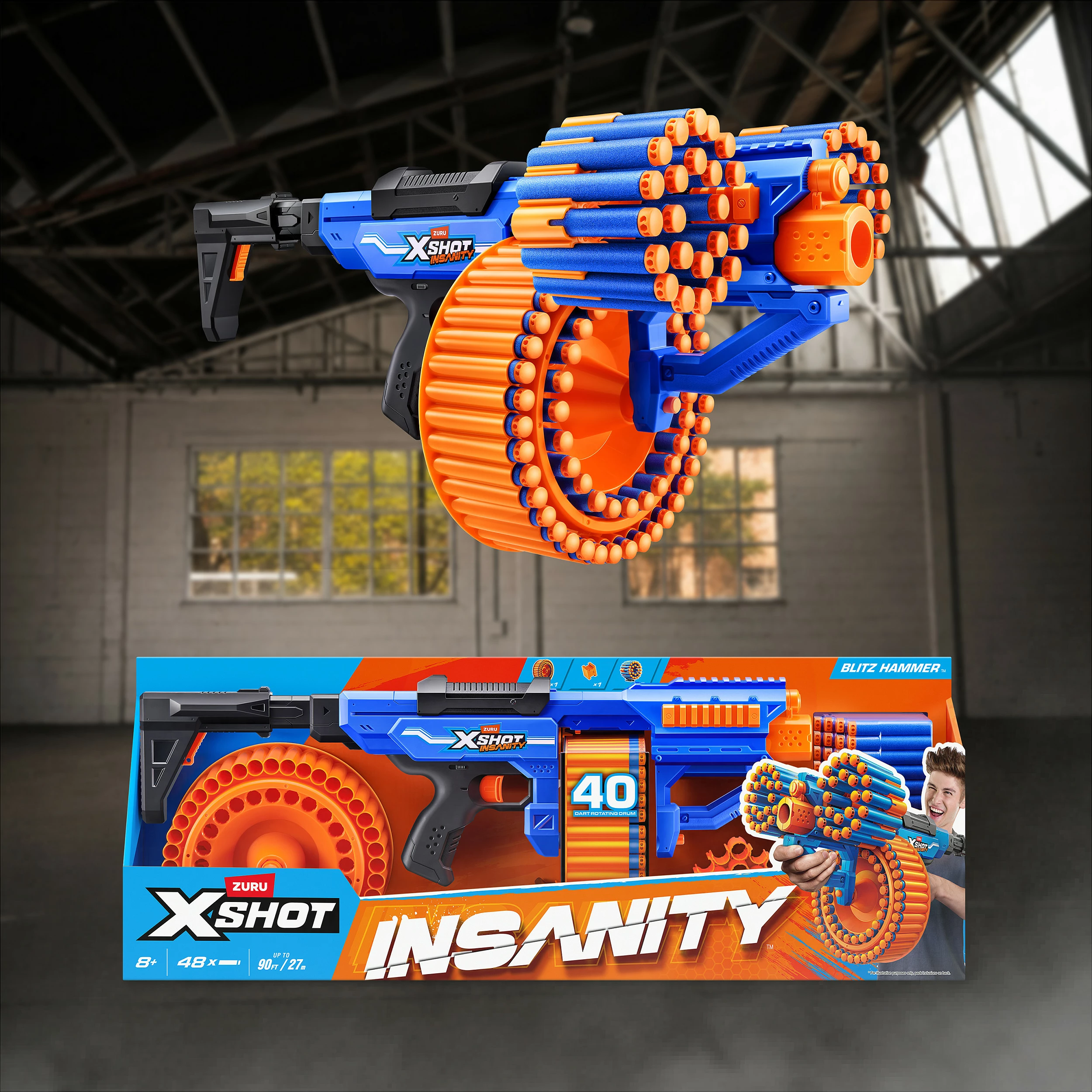 Lançues shigjetash me shkumë ZURU X-Shot Insanity Blitz Hammer, 48 shigjeta, blu/portokalli