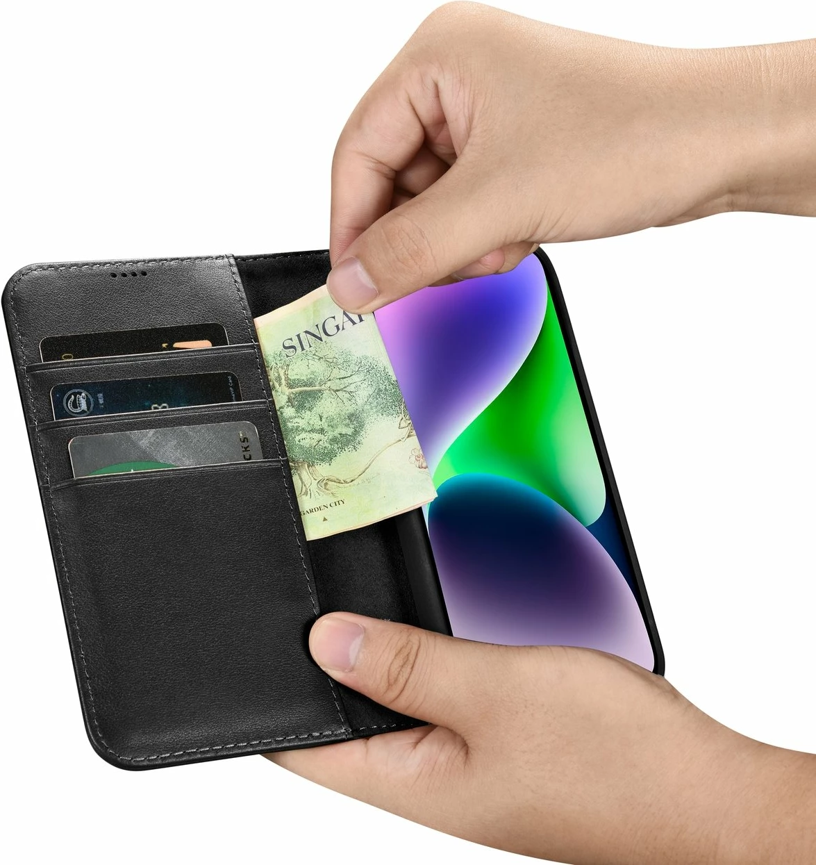 Mbështjellës iCarer Wallet Case 2in1 për iPhone 14 Plus, lëkurë natyrale, Anti-RFID, e zezë