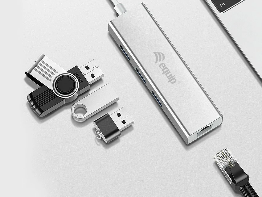 USB-C hub Equip 133481, 3 porte USB 3.0, Gigabit Ethernet, alumini, silver