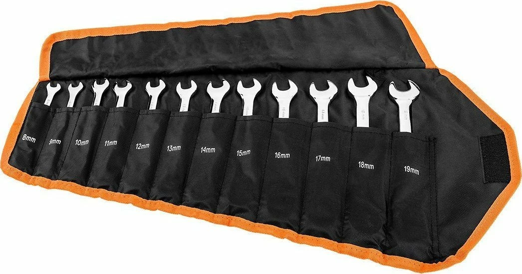 Set çelësa me kriket NEO 09-345 8-19 mm, 12 copë, me çantë rrotulluese, zezë/portokalli