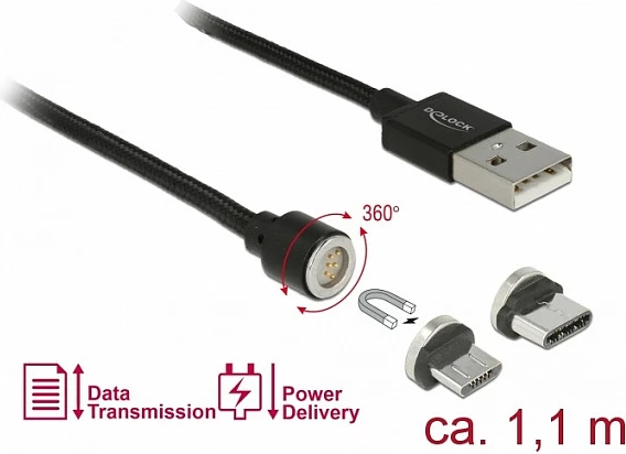 Kabllo USB magnetike DeLOCK 85723, USB-A në USB-C/Micro-USB, 1.1 m, 2.4A, USB 2.0, e zezë