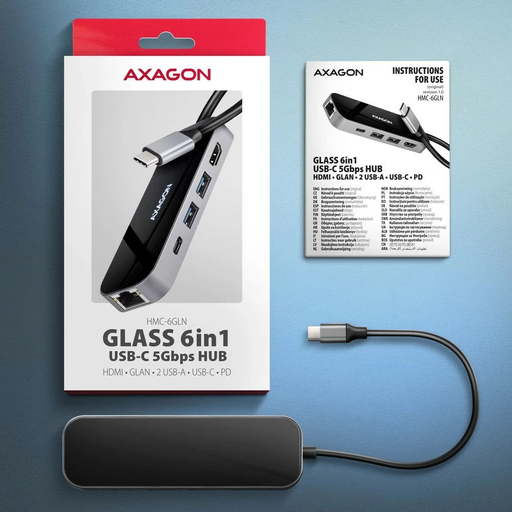 Hub USB-C 6-në-1 AXAGON HMC-6GLN, 5Gbps, 2xUSB-A, 1x USB-C, GLAN, HDMI 4K/60Hz, PD 100W, 20cm, zi/argjendtë