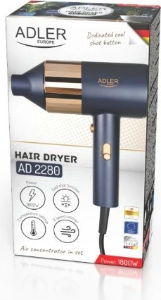 Tharëse flokësh, Adler, AD 2280, 1800 W, 2 shpejtësi 3 temperatura, me koncentrator, gold/navy blue