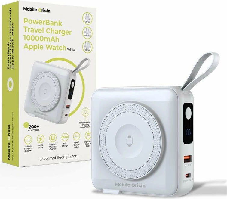 Powerbank & karikues udhëtimi Mobile Origin 10000mAh, MagSafe, 20W PD, kabllo të integrume Lightning/USB-C, set me adaptera EU/UK/AU/US, i bardhë