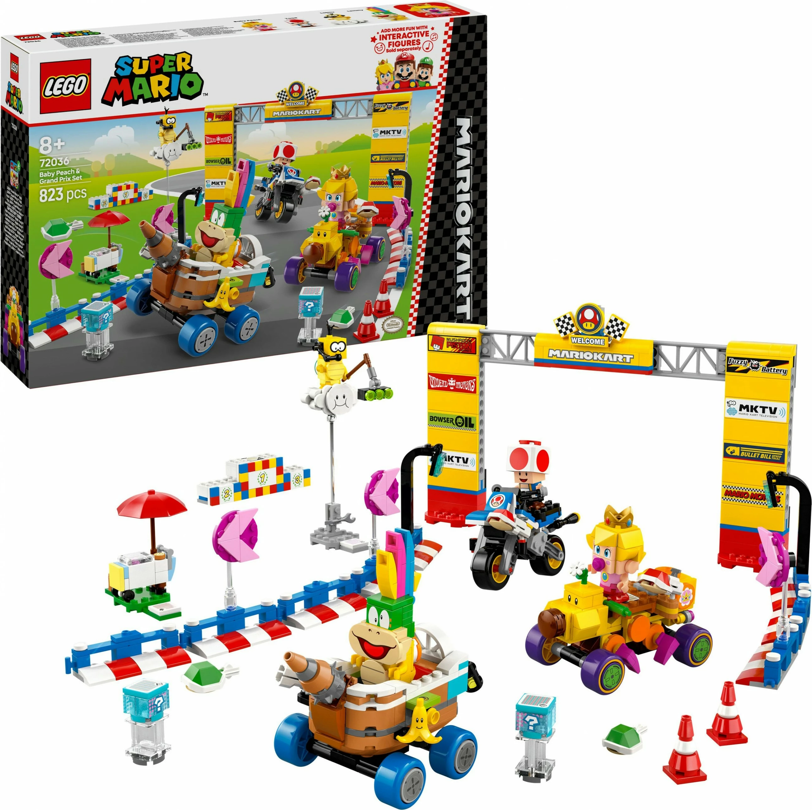 Set ndërtimi LEGO Super Mario Mario Kart Baby Peach & Grand Prix 823 pjesë, multingjyrësh
