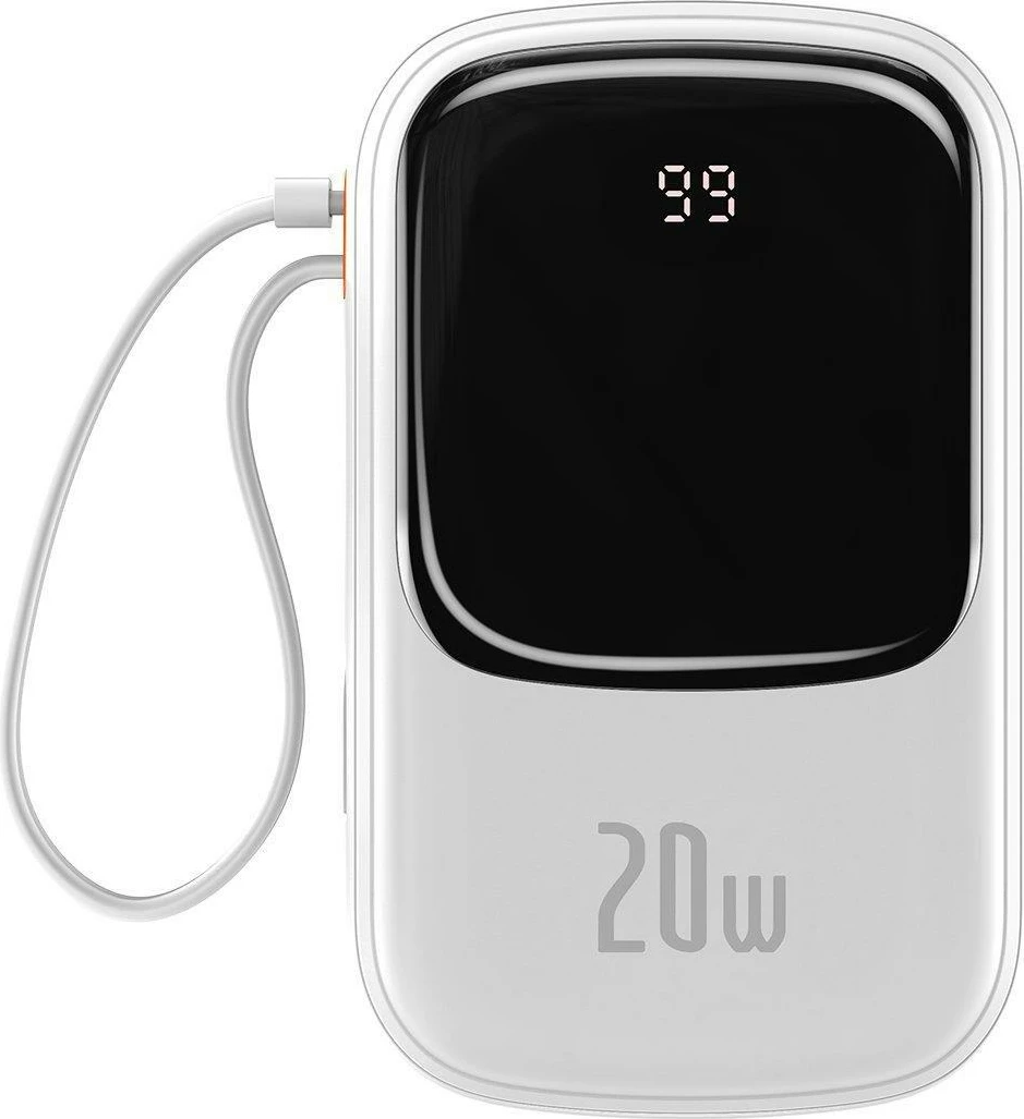 Power bank Baseus Qpow 20000mAh, 20W, me kabllo Lightning të integruar, Bardhë
