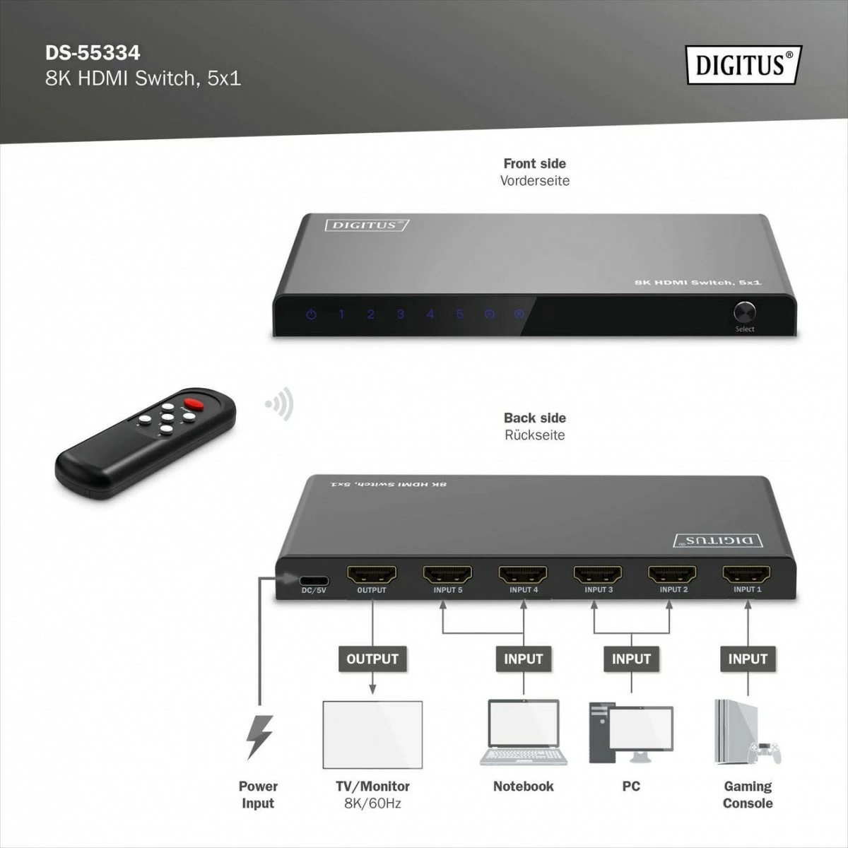 Switch HDMI Digitus DS-55334, 5x1, 8K/60Hz, me telekomandë, e zezë