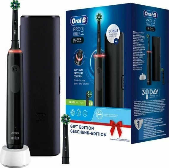 Furçë dhëmbësh elektrike Oral-B Pro 3 3500, rrotulluese, 3 moda, sensor presioni, bateri 120 min, me çantë udhëtimi, 2 koka, e zezë