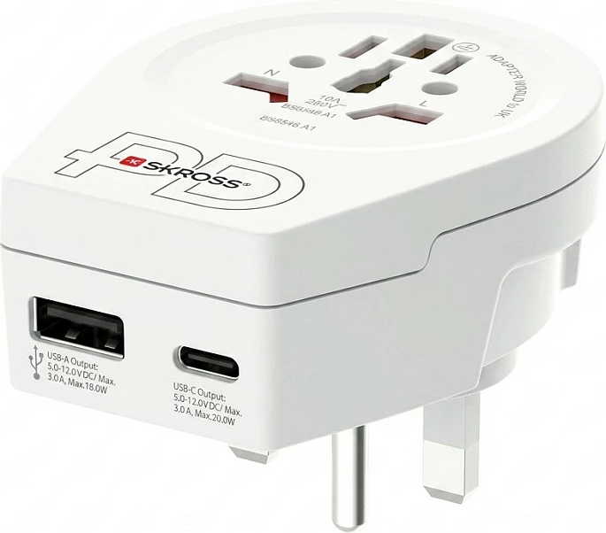 Adapter udhëtimi SKROSS World to US AC20PD, USB-C PD 20W + USB-A 18W, i bardhë