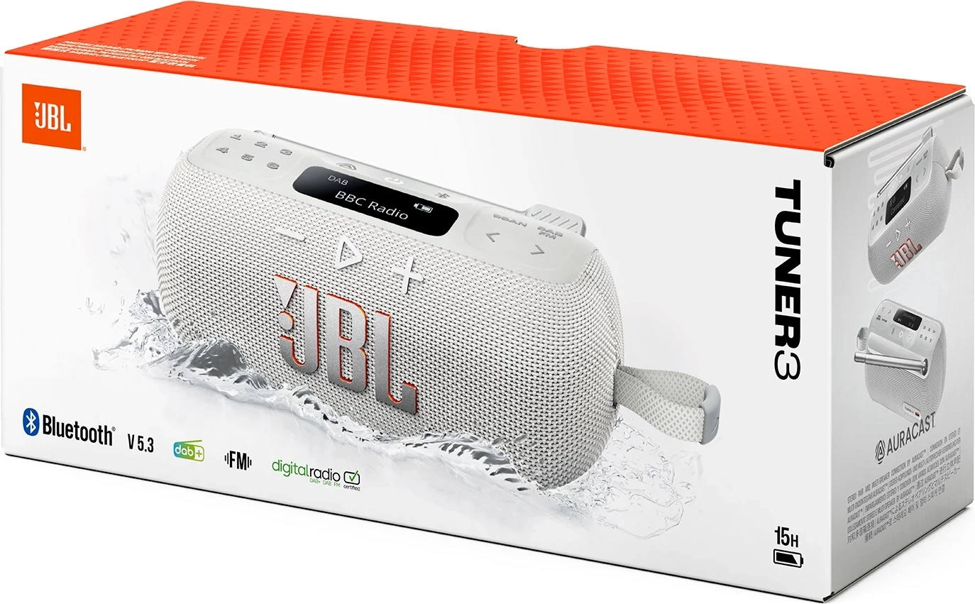 Radio portative JBL Tuner 3 DAB+/FM me Bluetooth, bateri deri 8 orë, e bardhë