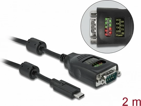 Adapter USB-C në Serial DB9 DeLOCK, 2 m, me tester RS-232 9 LED, i zi