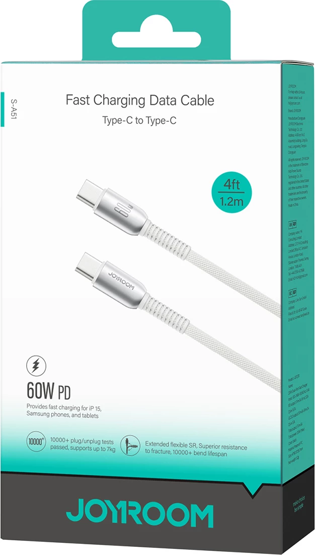 Kabllo USB-C në USB-C Joyroom S-A51 Cutting-Edge Series, 1.2m, 60W, Gri