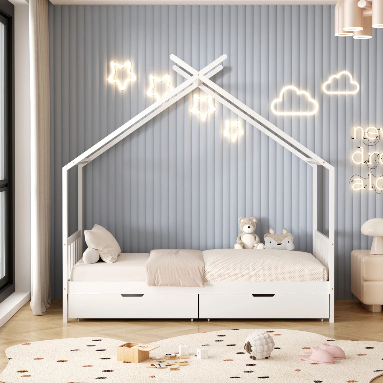 Krevet për fëmijë KLARICE FH680.03 t.MONTESSORI-2 SIRTARË- DRU I FORTË PISHË NË TË BARDHË- 190x90cm