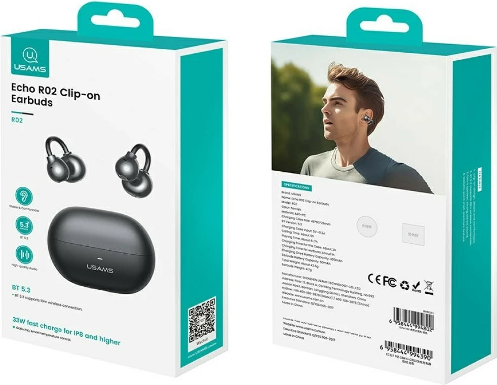 Kufje Bluetooth, USAMS Echo R02, Bluetooth 5.3, ear-clip in-ear, mikrofon i integruar, kuti karikimi 300 mAh, gri
