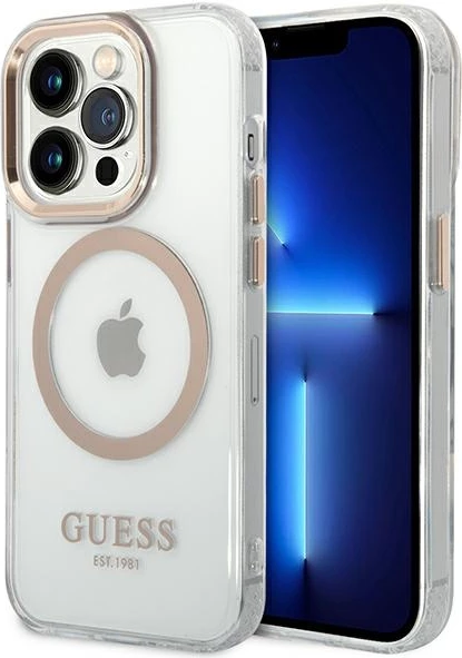 Mbështjellës Guess Metal Outline Magsafe për iPhone 14 Pro Max 6.7", Transparent/Gold