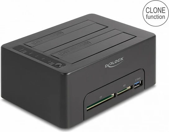 Docking station USB DeLOCK Dual për 2x SATA HDD/SSD, Clone, Card Reader SD/CF, USB 3.2 Gen 1, 2.5/3.5", e zezë