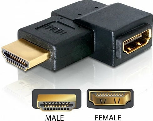 Adapter HDMI DeLOCK, mashkull-në-femër, 90° majtas, HDMI 1.3, i zi