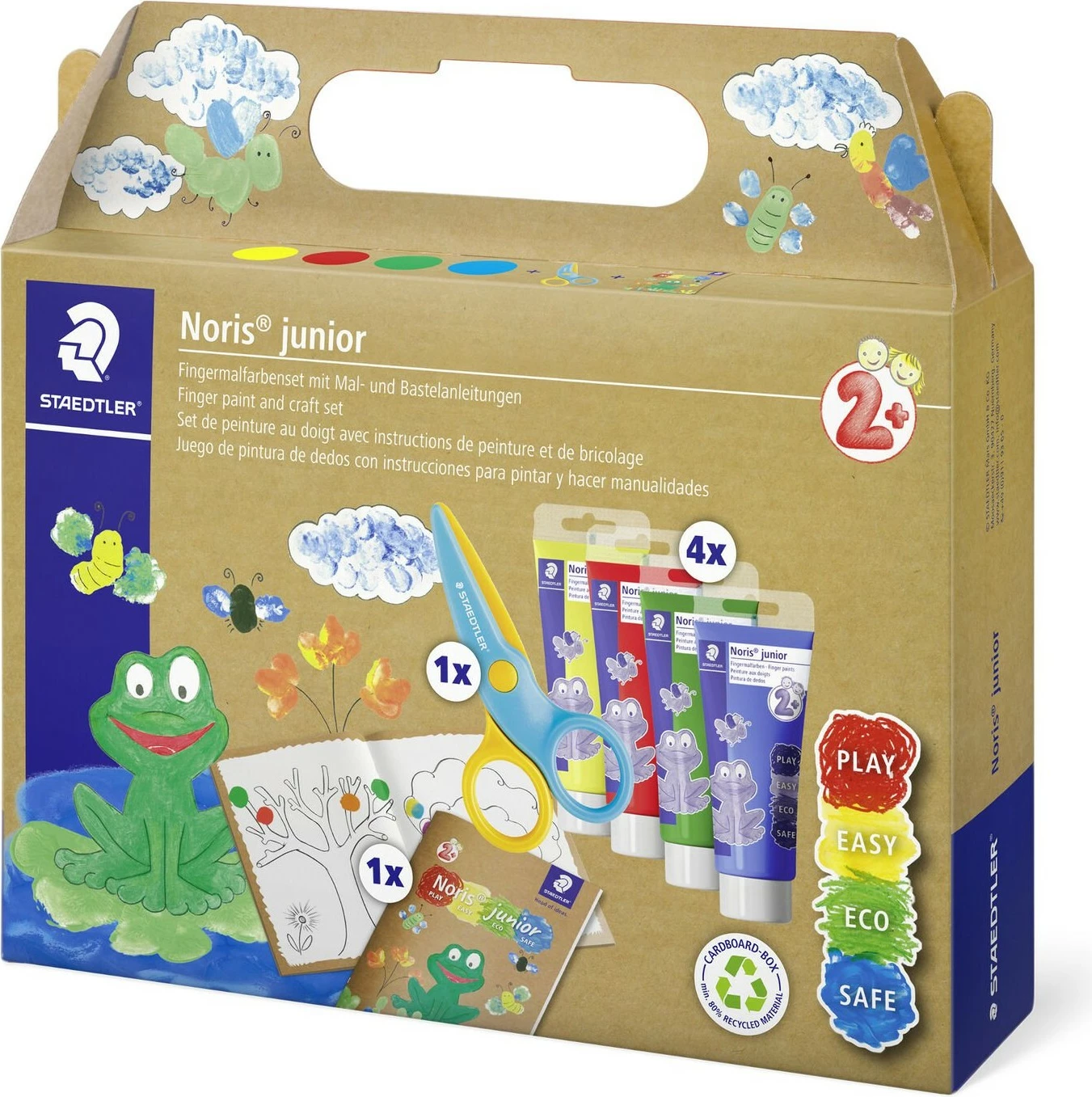 Set boje gishti STAEDTLER Noris junior, 4x75ml, gërshërë, fletore, multingjyrëshe