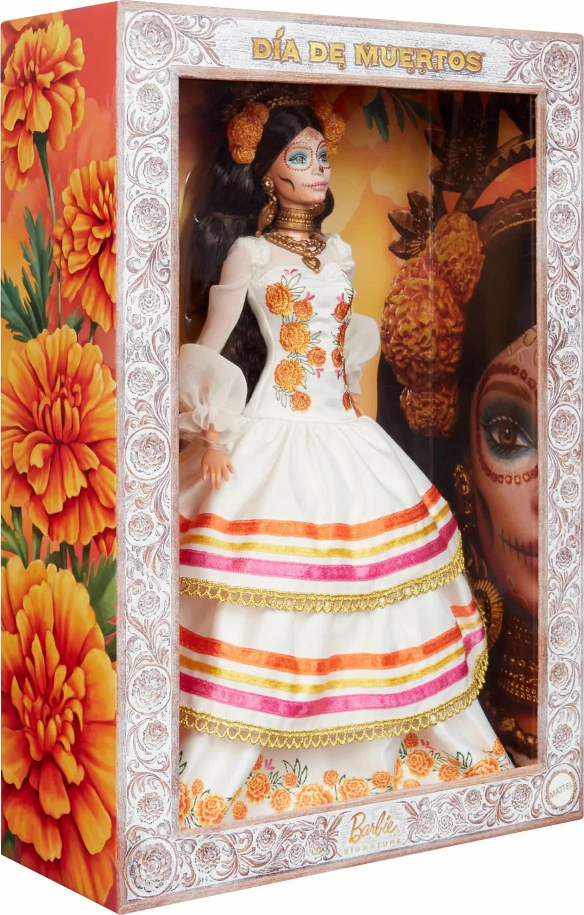 Kukull Barbie Mattel Signature Día de Muertos 2025 JBJ05, fustan dekorativ ivory, set me stand dhe certifikatë