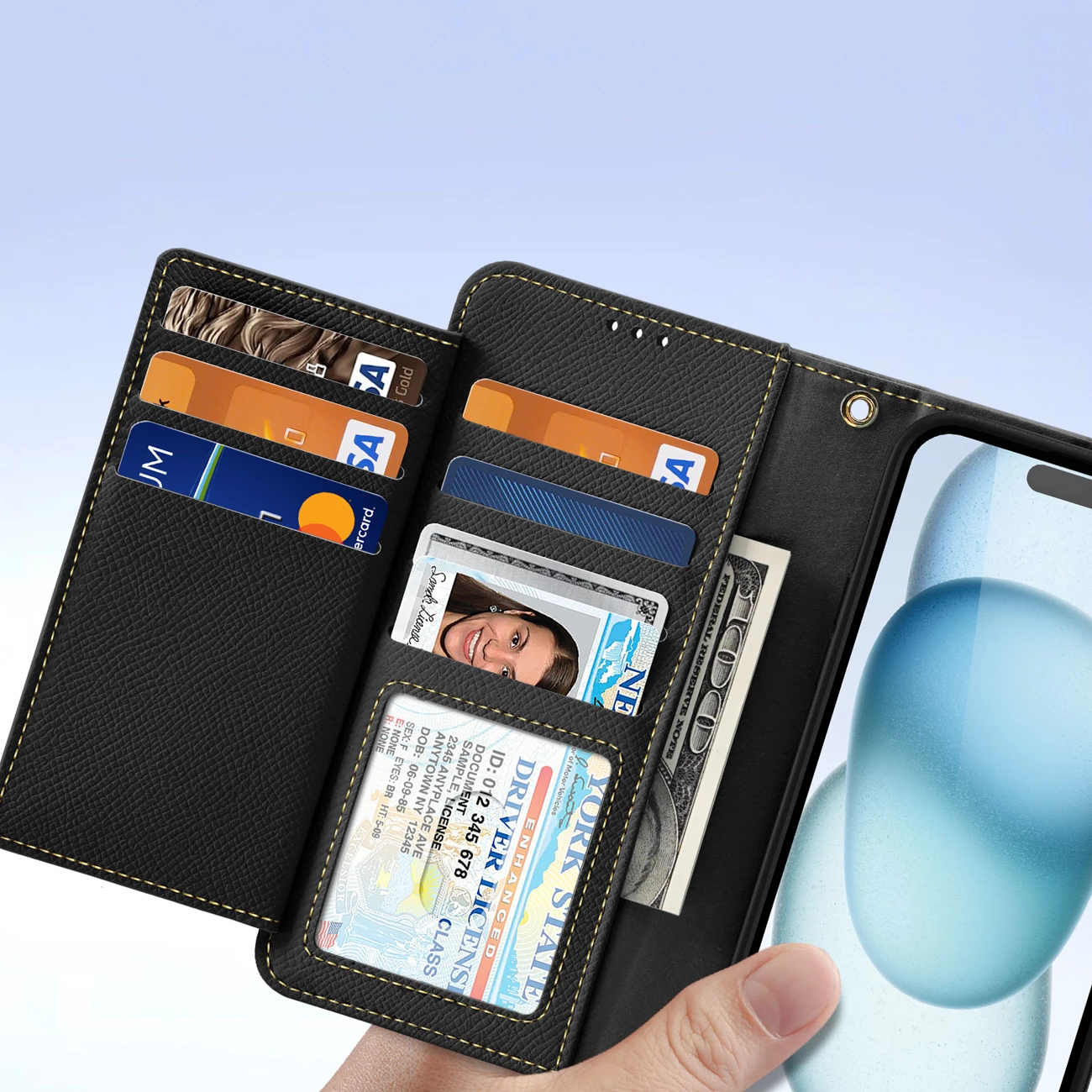 Mbështjellës Dux Ducis Lawa për iPhone 15, lëkurë, me portofol magnetik, e zezë