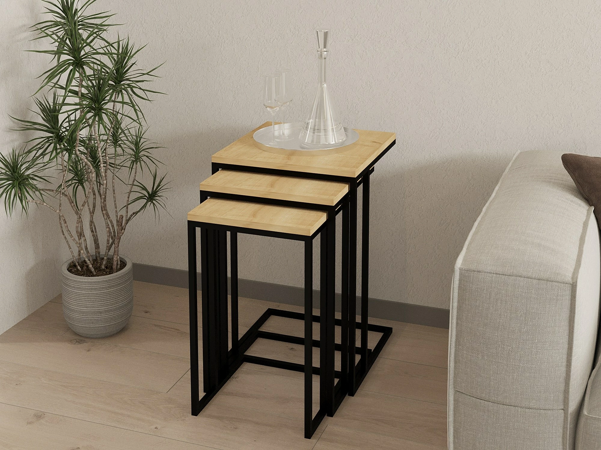 Set tavolinash ndihmëse, 3 copë, Hanah Home Roma, ngjyrë safir dhe e zezë