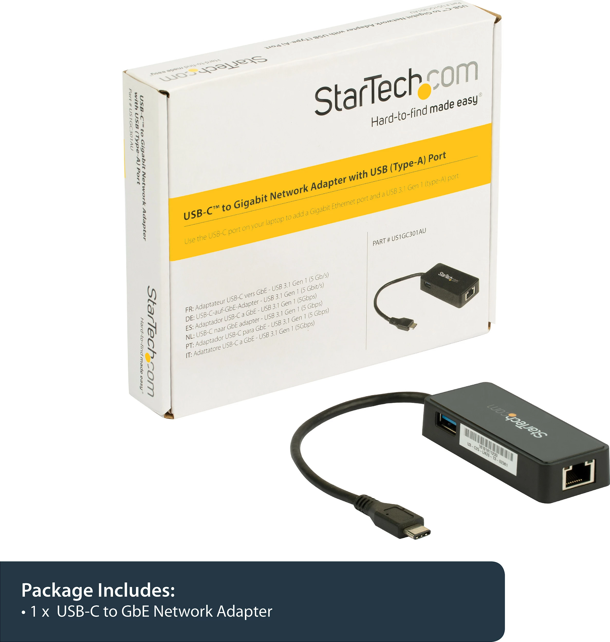 Adapter rrjeti USB-C StarTech, Gigabit RJ-45, me port USB-A, USB 3.1 Gen 1, i zi
