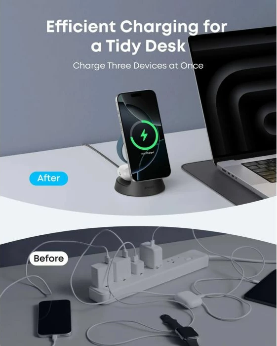 Stacion karikimi wireless 3-në-1 Anker MagGo B25M4G21 15W Qi2/MagSafe, i bardhë, set me adapter 40W dhe kabllo USB-C 1.5m