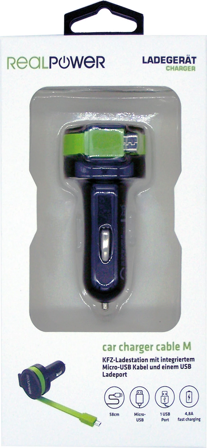 Karikues veture RealPower 257635, micro-USB, 4.8A, 1x USB, 12-24V, zezë/jeshile