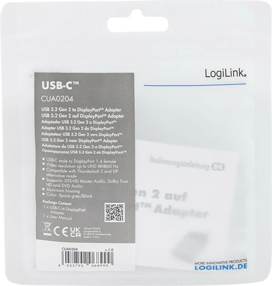 Adapter USB Type-C në DisplayPort LogiLink CUA0204, 8K, zi/gri