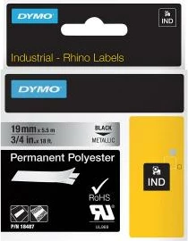 Shirit etiketas Dymo 18487 poliester i metalizuar ngjitës përhershëm 19mm x 5.5m, i zi në metalik