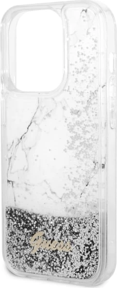 Mbështjellës Guess Liquid Glitter Marble për iPhone 14 Pro 6.1", i bardhë