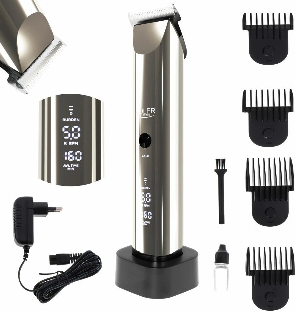 Makinë qethëse Adler AD 2834, 3-12 mm, LCD, bateri 2000 mAh, argjend, set me 4 krehra