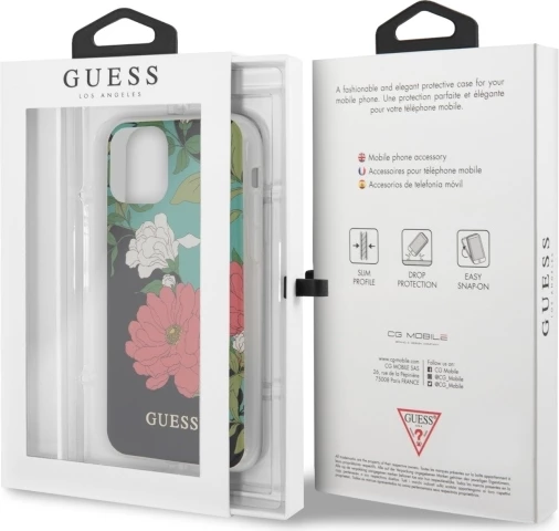 Mbështjellës Guess GUHCN65IMLFL01 për iPhone 11 Pro Max, Flower Collection, zi