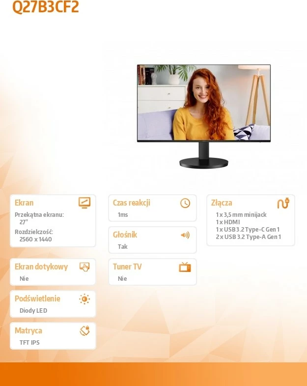 Monitor AOC Q27B3CF2, 27", IPS, 100Hz, QHD, USB-C, i zi