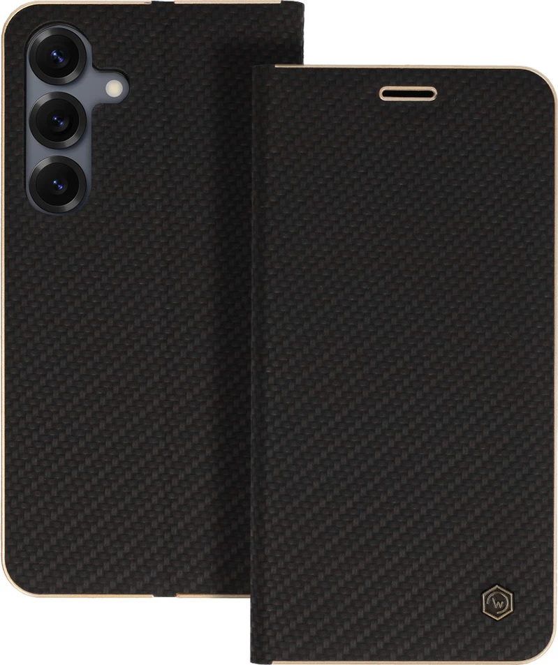 Mbështjellës flip HAVANA Premium 23611 për Samsung Galaxy S25 5G, me stand, magnet të fshehtë, xhep karte, Carbon Black me skaj Gold