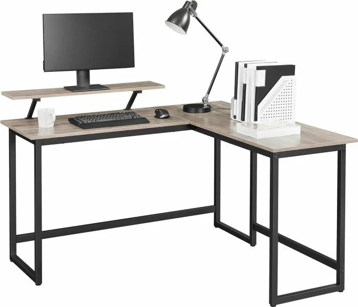 Tavolinë kompjuteri L-formë VASAGLE LWD056B02 149x149x75 cm me raft monitori, greige/zezë