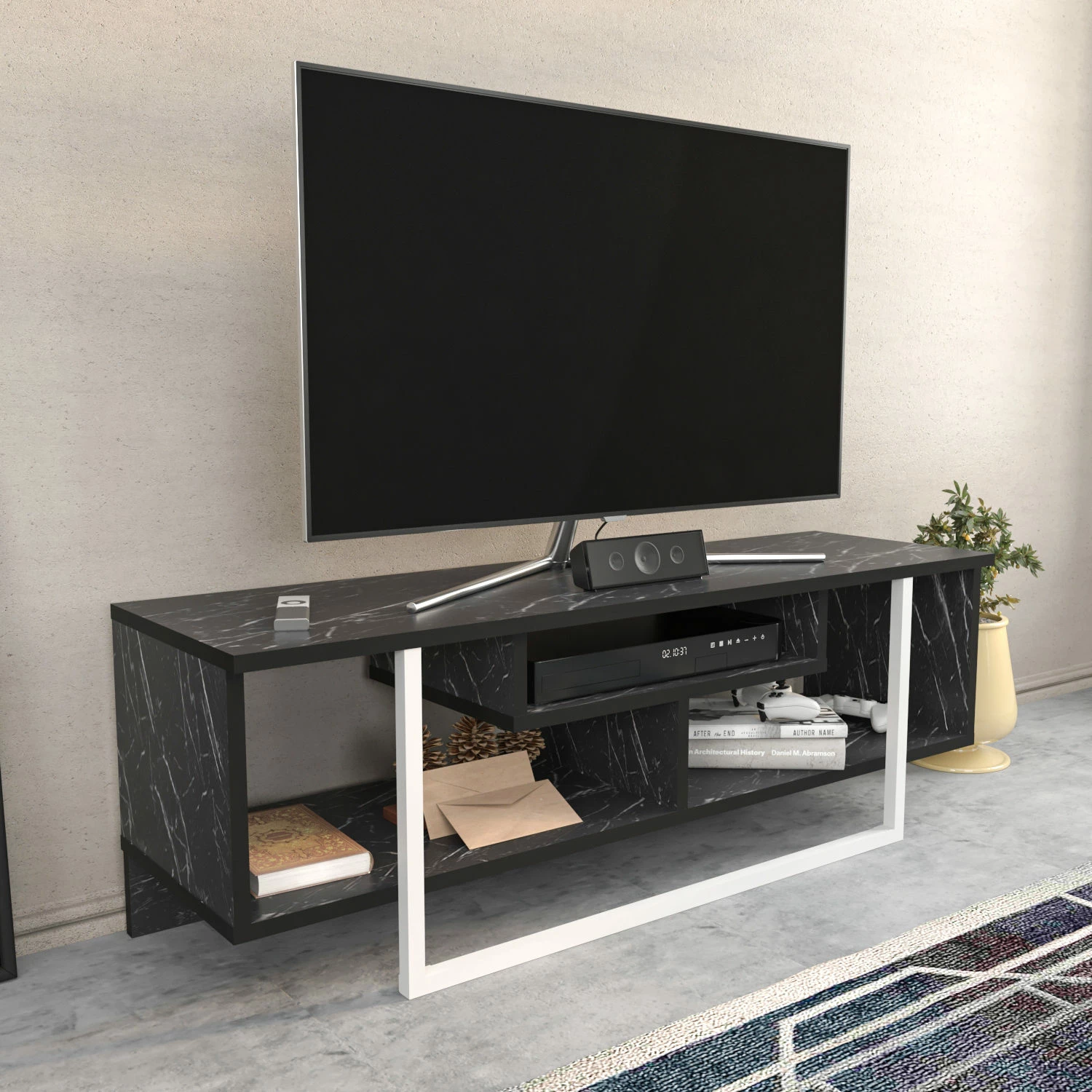 Komodinë TV Skye Decor, Asal 120, e zezë dhe e bardhë