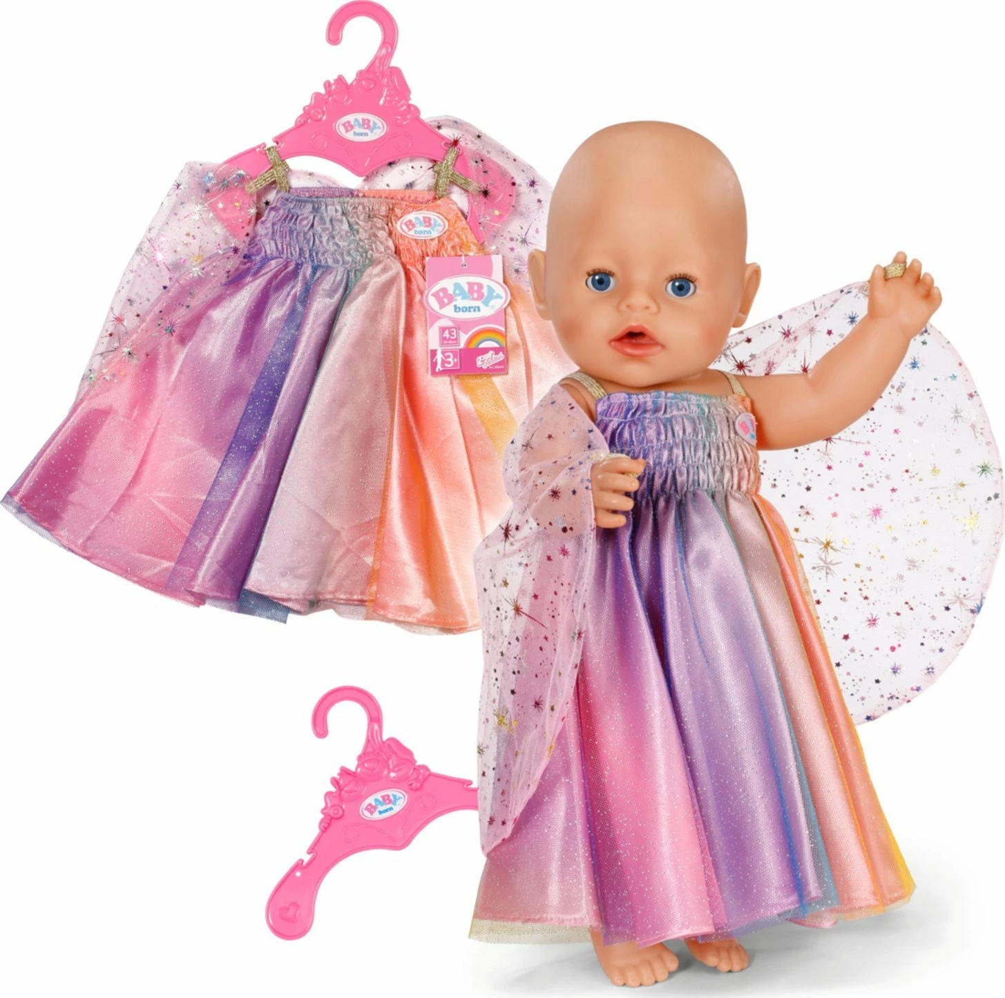 Fustan për kukull Zapf BABY BORN Rainbow Dress 43cm 836132 shumëngjyrësh (me krahë, me varëse)
