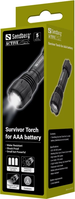Fener dore SANDBERG Survivor Torch 421-07 300 lm, zoom, 3 mënyra drite, 3x AAA, i zi