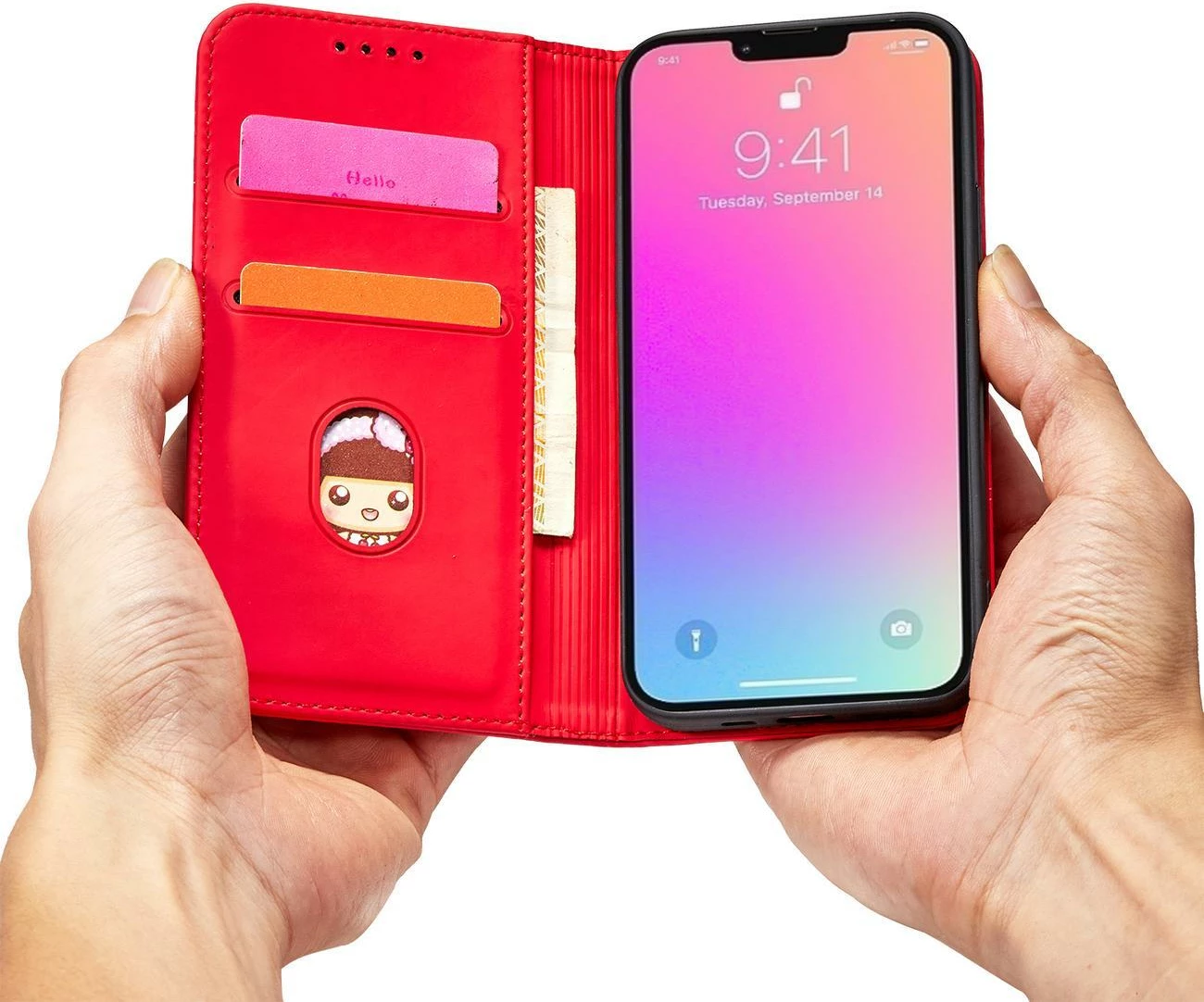 Mbështjellës Hurtel Magnet Card Case për iPhone 14, portofol, qëndrim, e kuqe