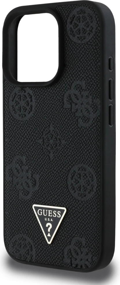 Mbështjellës Guess Grained Hot Stamp Peony Triangle Logo MagSafe për iPhone 16 Pro, Zi