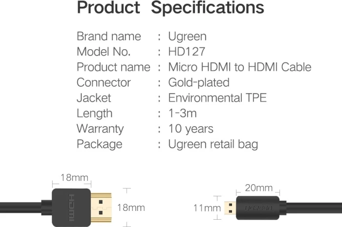Kabllo Micro HDMI në HDMI UGREEN HD127 (30103) 2m 4K/60Hz, e zezë, 1 copë